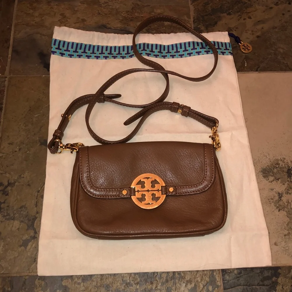 Tory Burch Brown Leather Crossbody Bag with Gold Logo